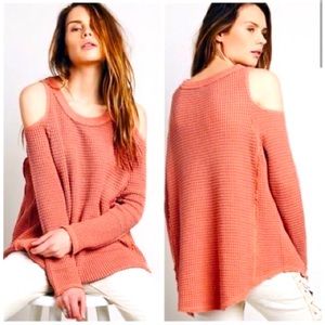 Free people cold shoulder waffle knit sweater-burnt organe